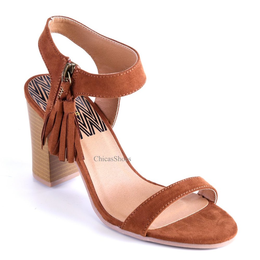 Women's High Heel Sandals Tasseled Zip Up Dk Rust